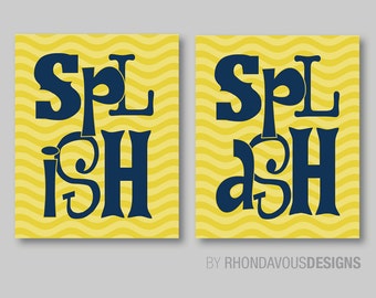 Splish Splash Bathroom Art - Wave Chevron - Mustard Yellow Navy Blue. Bath. Kid. Child. Bathroom Print - You Pick the Size (NS-414)