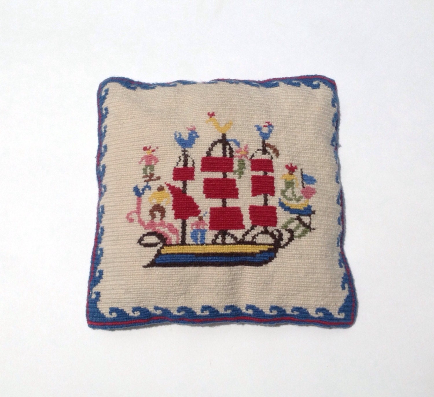 Vintage Nautical Folk Art Needlepoint Pillow by CozyHomeVintage