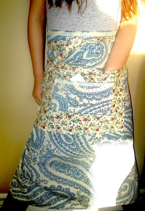 Half Apron Upcycled Pillow Case In Blue Paisley and Retro Floral 