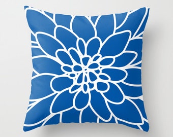 Dahlia Flower pillow with insert Cover - Modern Home Decor - By Aldari Home - Royal Cobalt Sapphire Blue and White Flower pillow with insert