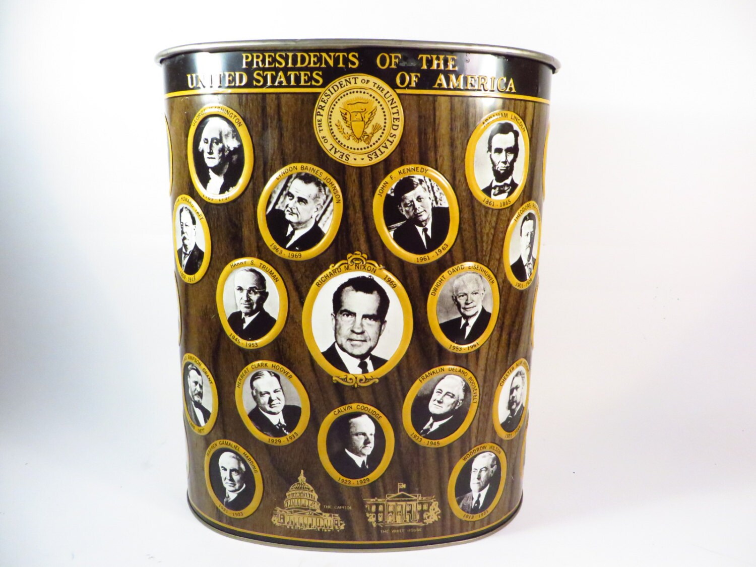 Vintage Metal US Presidents Trash Can 1970s US Presidents