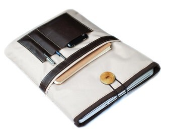 Canvas Notebooktasche13 "+ sand brown leather compartment