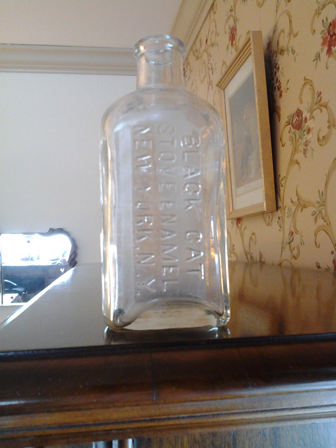  Black  Cat  Stove Enamel New York  NY  antique bottle clear