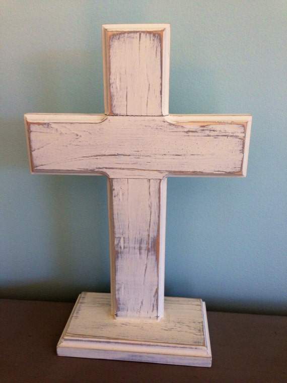 Rustic wood cross on stand distressed ivory