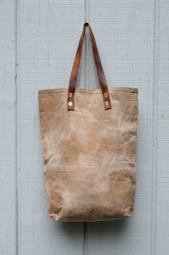 Items similar to Waxed canvas tote bag/purse, with Horween leather handles/straps, hand-dyed ...