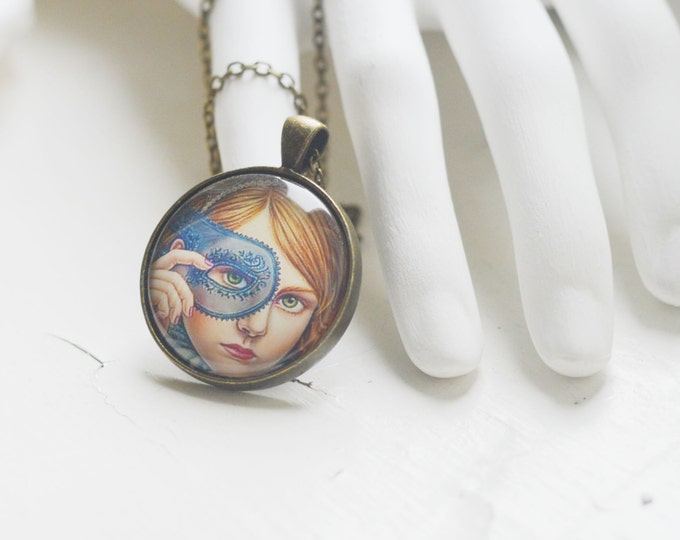 FEMALE IMAGES Round pendant metal brass with the image of girls under glass , Rustic , Vintage, Blue