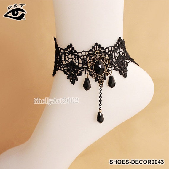 2014 New Gothic Black Rhinestone Lace Anklets By Shellyart2002