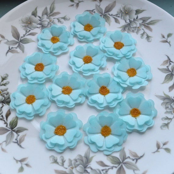 10 X Edible 3D Flowers Pale Blue Blossom Cake Cupcake