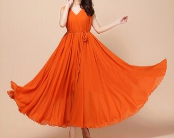 Chiffon Orange Long Party Dress Evening Wedding Lightweight Sundress ...