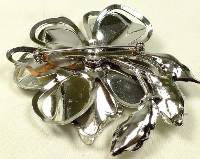 Storewide 25% Off SALE Vintage Silver Tone Mirrored Metallic Rose Flower Designer Brooch Featuring Polished Multi Dimensional Design