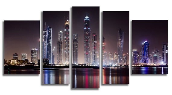 Glass Wall Art Acrylic Decor Set Dubai Skyscrapers at Night, 5 Stars Gift and a Clock Startonight Set of 5 Total 35.43 X 70.87 Inch