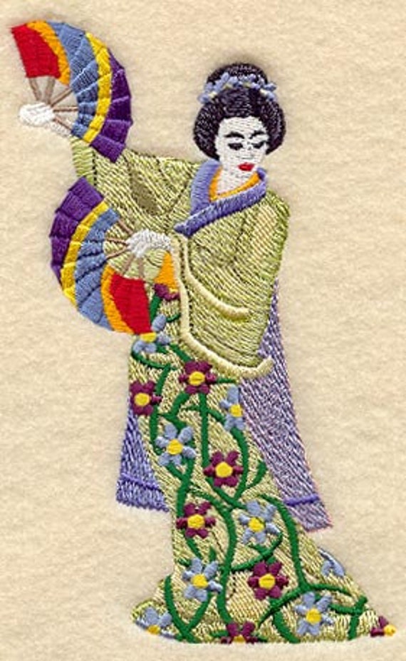 Items similar to GRACEFUL DANCING GEISHA Machine Embroidery Quilt Block ...