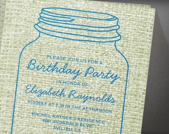 Blue Rustic Burlap Mason Jar Birthday Party invites
