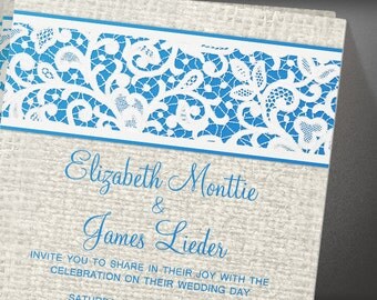 Blue Rustic Country Burlap & Linen Wedding invites