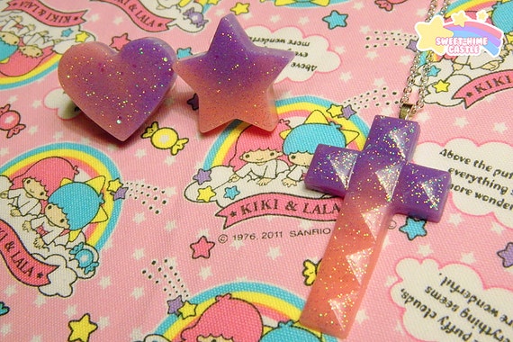 Purple and Pink Heart and Star Rings Cross and Cross Necklace Set