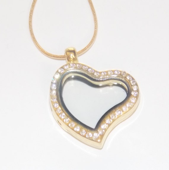 Gold White Rhinestone 25mm Heart Floating Glass Locket -memory charms ...