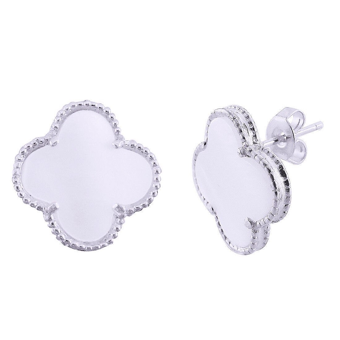 Mother of Pearl clover stud earrings & 18k white gold over