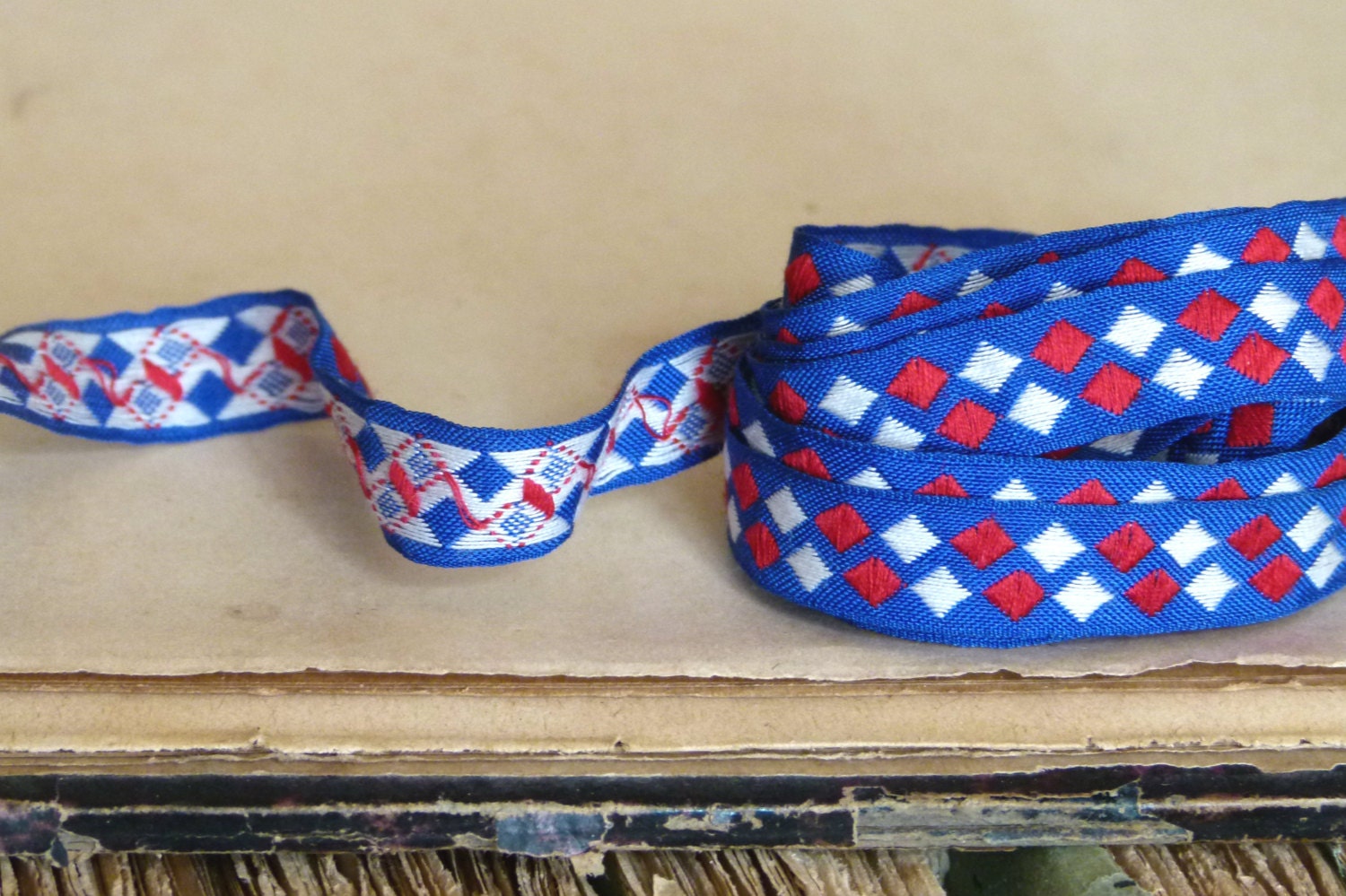Antique French jacquard cotton ribbon, blue, red and white diamond