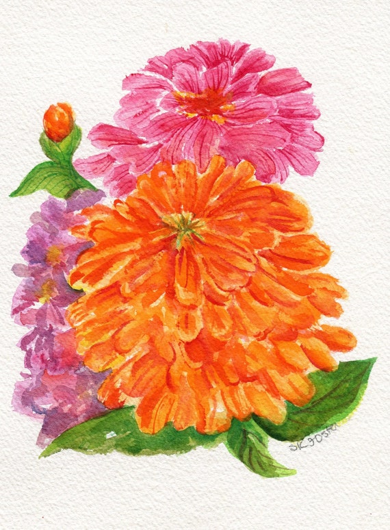 Zinnias watercolors paintings original Zinnia ART Orange