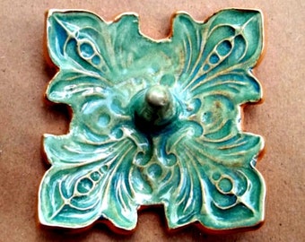 Ceramic Ring Holder Bowl fleur de lis Sea Green with gold edging