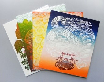 The Four Elements - 4 Woodcut Print Set, Woodblock Print Set by Tugboat Printshop