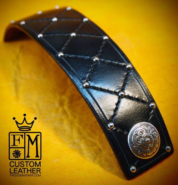 Black Leather cuff bracelet harlequin Diamonds and studs made for You In Brooklyn NYC by Freddie Matara