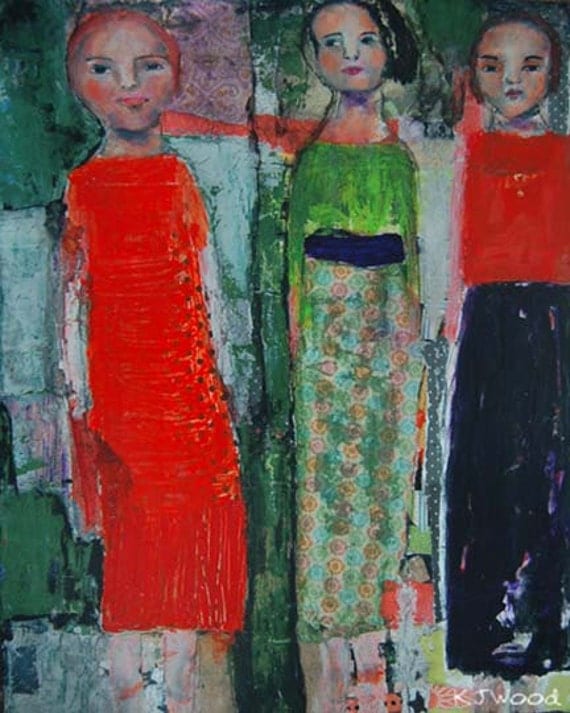 Acrylic Portrait Painting, Large, 16x20, Original, Canvas, 3 girls, Collaged, Mixed Media, Orange, Green, Purple, Mixed Media