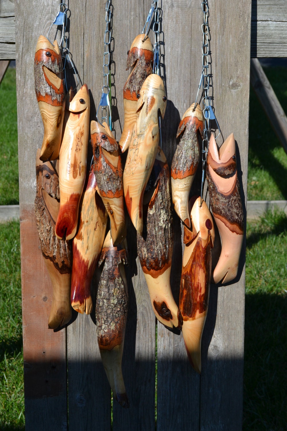 Set of 3 Wooden Fish on a Stringer Hand made Belt Sander