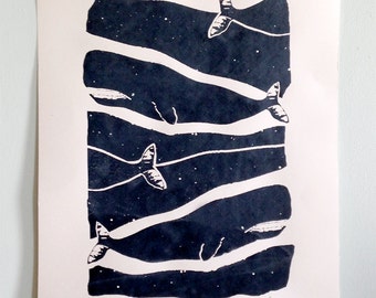 Large Art Print, Whale Print, Silkscreen Print, Whale Art, Whale Decor, Large Wall Art, Wall Decor, Nautical Wall Decor, Navy Blue Art
