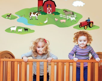 Red Barn with Farm Animals Wall Decals, Removable and Reusable