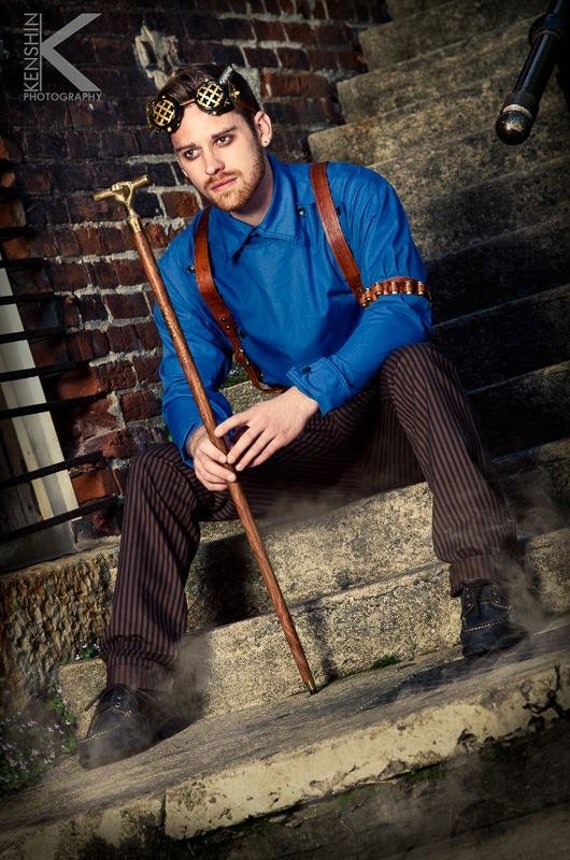 Men's Outfit Blue Bib shirt, Stripe pants, and Suspenders