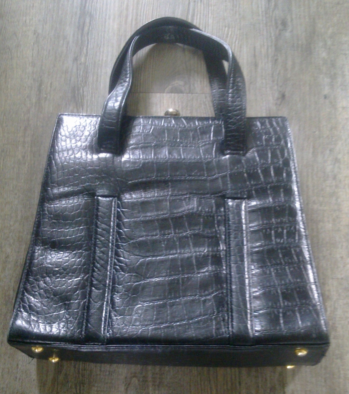 Vintage black genuine leather Kelly style bag purse crocodile