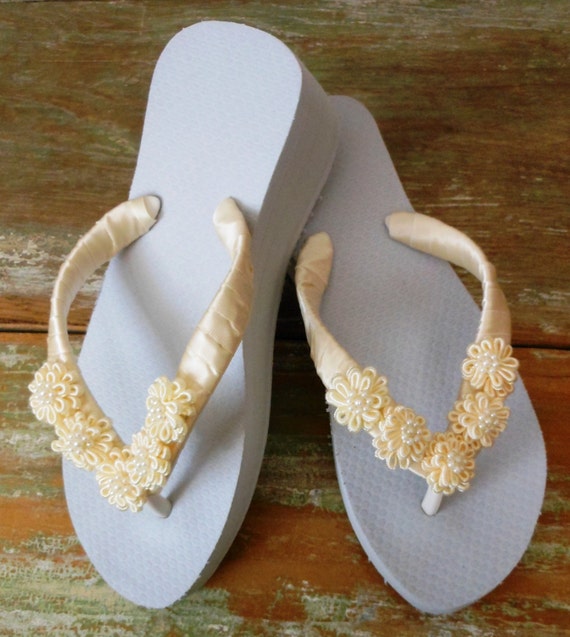 Ivory Loop Flower Bridal Wedding Flip Flops by BackAlleyDesignsINK