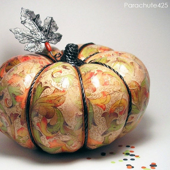 Pretty Print Decoupage Pumpkin, Autumn Print Pumpkin, OOAK Fall decor, Halloween decor, Thanksgiving decor, recycled material, Fall colors