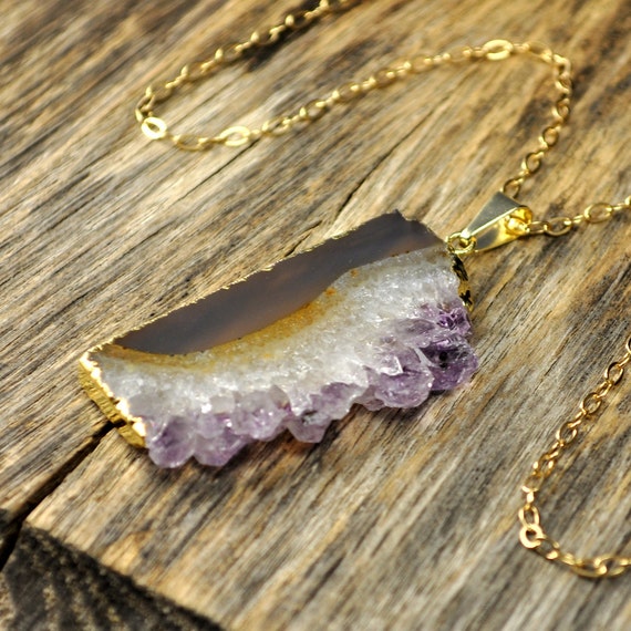 MOTHERS DAY SALE 10% Off, Sliced Amethyst Geode Druzy Gold Necklace, February Birthstone