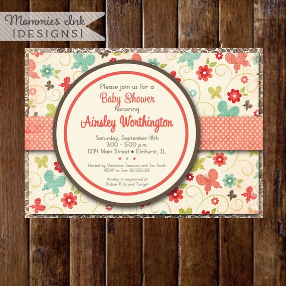 Shabby Style Butterflies and Flowers Baby Shower Invite - Brown Coral Turquoise - PRINTABLE INVITATION DESIGN Il_570xn