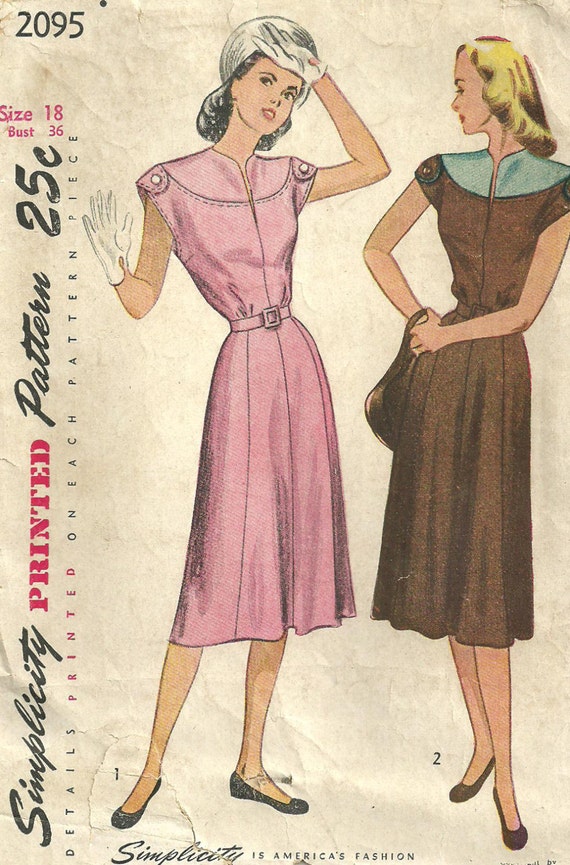 Vintage 40s Sewing Pattern / Simplicity 2095 / Dress / Size 18 Bust 36