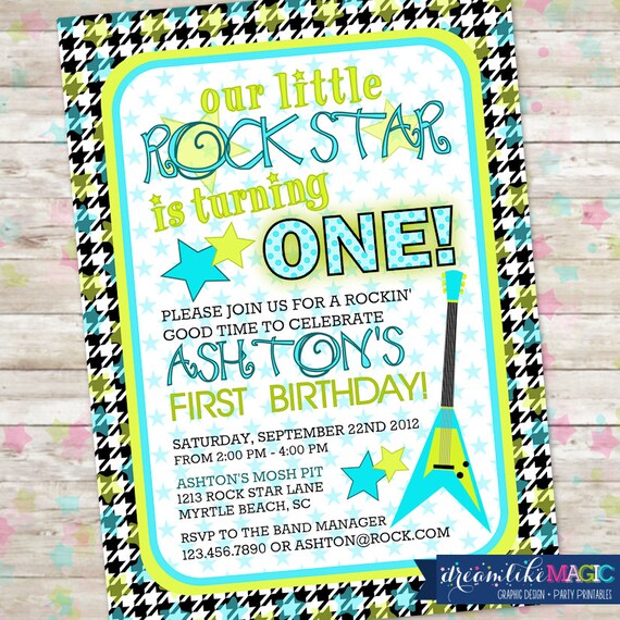 Little Rock Star Invite, 1st Birthday Invite, Baby Boy RockStar, Houndstooth Invite, Star, Invitation Printable or Printed, Boy Baby Shower Il_570xn
