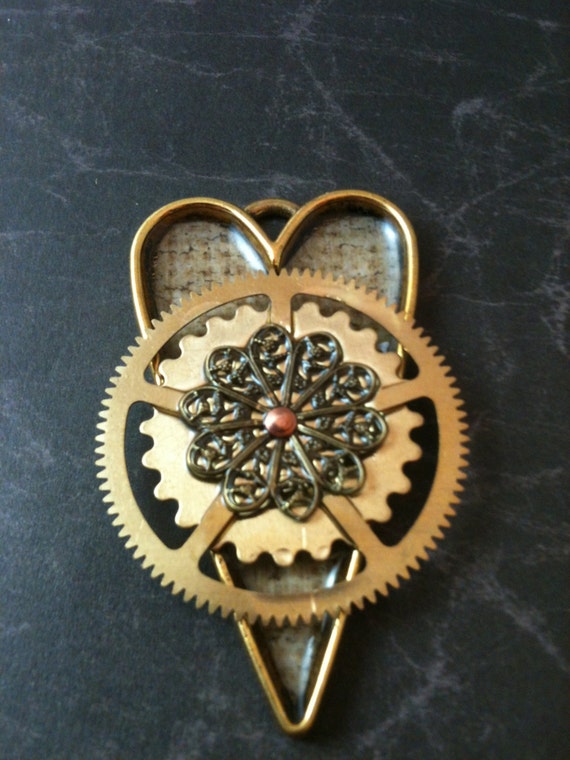 Antiqued Gold Heart with Filigree and Gear Steampunk Heart Necklace by DreaminSteam steampunk buy now online