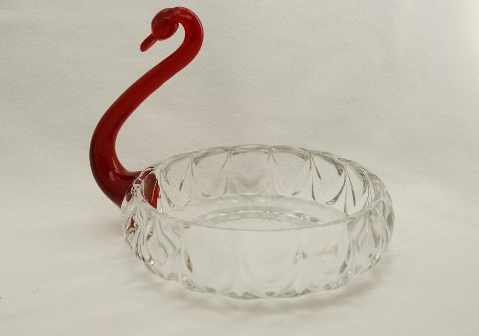 Vintage Red Glass Swan Candy Dish Nut Bowl Trinket Jewelry Vanity