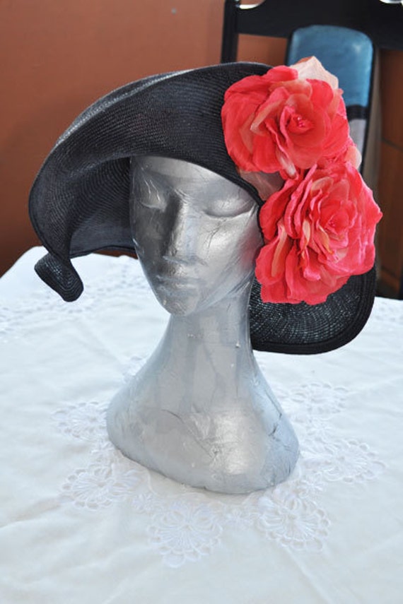 Fabulous Black Hat with large coral silk flowers by CrazyTeapot