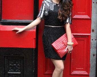 Midnight Blaze, Vintage, 1970s Black Beaded, Silver Sequin, Party Dress with Cut-Out Back, from Paris