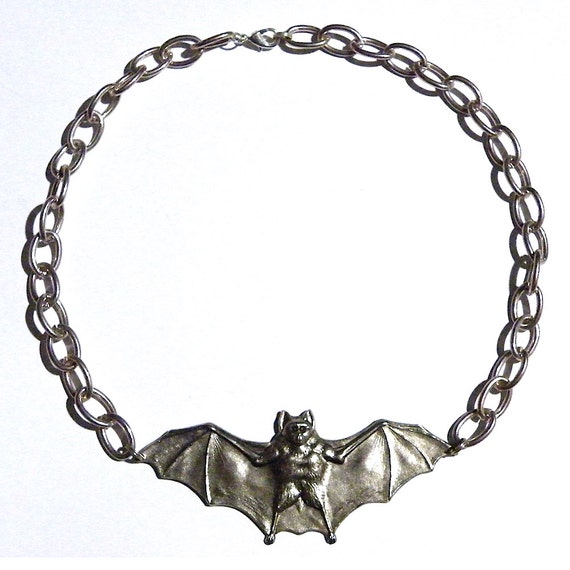 Steampunk Large Silver Necklace Vampire Bat Chain by tempusfugit