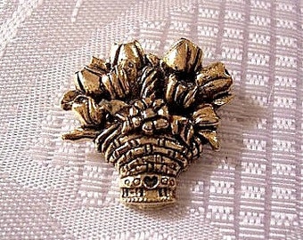 Tulip Flower Ribbon Heart Basket Tac Pin Brooch Gold Tone Vintage CTA Antiqued Black Accent Twisted Handle