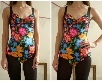 1980's Bold Floral Print Low Back Swimsuit Size XS/ Small