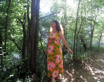 1960s maxi dress Floral Empire waist 60s dress L