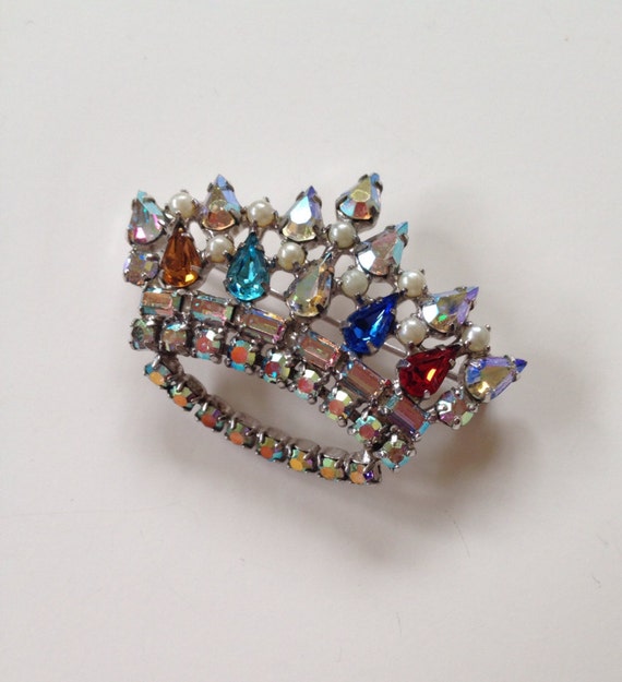 Rhinestone Crown Brooch Signed B David 1950s Crown Jewelry