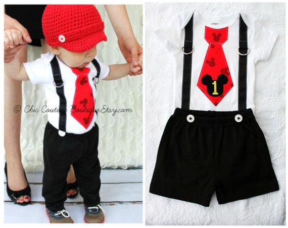 Mickey Mouse Birthday Tie and Suspenders Bodysuit & Black Shorts w White Buttons SET. Baby Boy First Birthday Party Disney Style Clothing by ChicCoutureBoutique