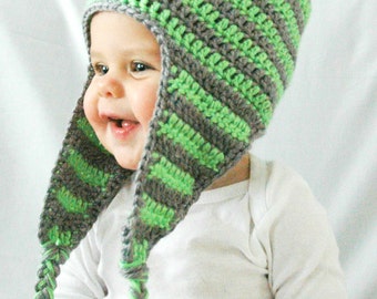Baby Boy Winter Hat, Lime Green and Gray, Newborn, EarFlap, Pom Pom, Made to Order, 3-6 Months, 6-12 Months, Infant, Crochet Baby Hat