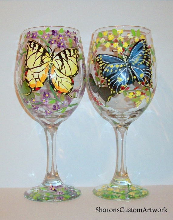 Butterflies and Flowers Hand Painted Wine by SharonsCustomArtwork